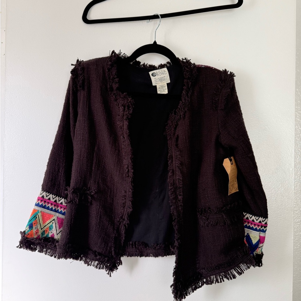 Billabong Black Fringe Jacket with Multicolor Sleeve Accents